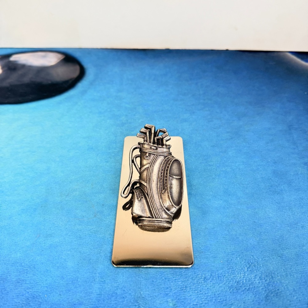 Vintage Metal Golf Bag Desk Clip Paperweight Silver Pewter Executive Memo Holder